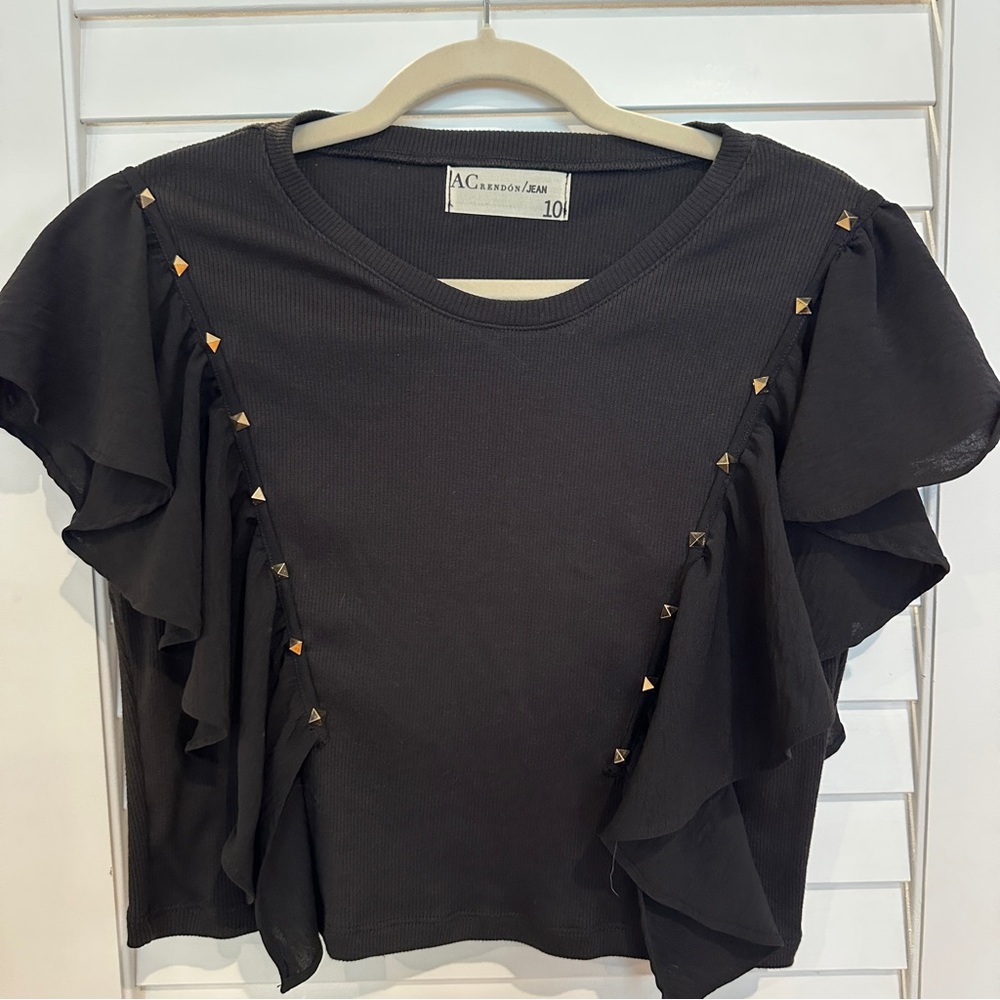 AC Rendon Studded Top Sz 10 Black Ruffle Ribbed Shirt Blouse
